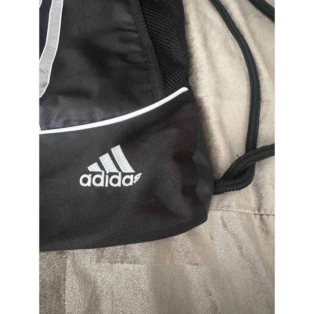 Adidas Drawstring Gym Sack Backpack Black 3 Stripes Mesh Pockets Sports Logo Bag